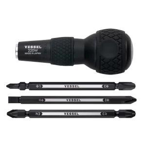 VESSEL BALL GRIP 1/4" Hex. Bit Interchangeable Screwdriver (Bit 3PC. (+1, 3 / +2, -6 / PZ2, PZ3) SET. 220W3J1)